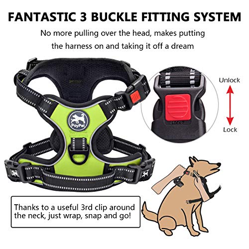 Image of PoyPet No Pull Dog Harness, No Choke Front Lead Dog Reflective Harness, Adjustable Soft Padded Pet Vest with Easy Control Handle for Small to Large Dogs(Green,M)
