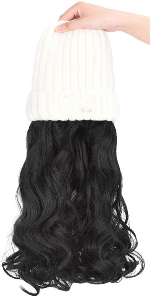 Woman Wig Winter Beanie Hat Wig Extension Long Wavy Curly Wig with Plush Knitted Hat Warm Wig