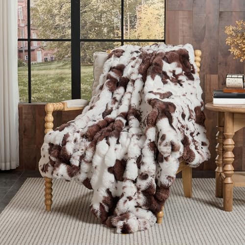 Lotus Karen Faux Fur Throw Blanket Cow Print-Dark Brown Fluffy Fuzzy Plush Bubble Blanket for Couch 60x50 Inches Cozy Shaggy Rabbit Blanket Luxury Decorative Gifts for Sofa Bedroom Living Room.