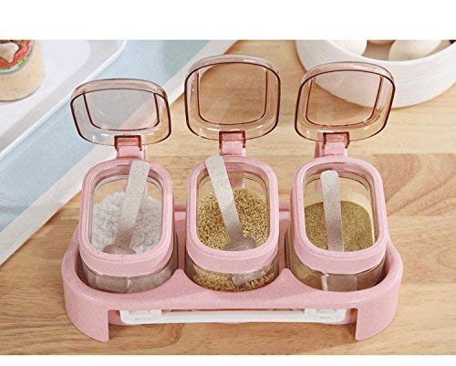 Outos Glass Transparent Spice Jar Seasoning Box Set Kitchen Container Tools Condiment Jars Cruet With Cover And Spoon Kitchen Utensils Supplies Salt Cellar With Lid (Pink, 3)(With Base) #TOP4