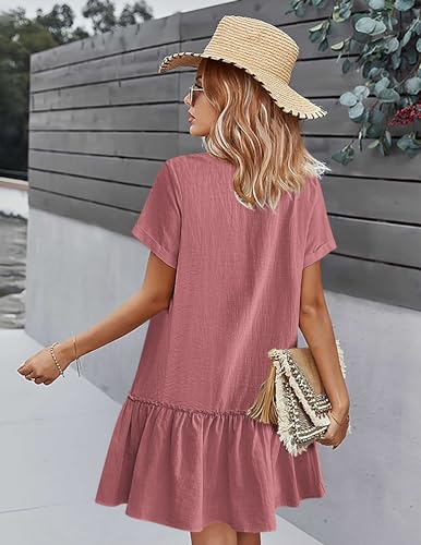 Image of HOTOUCH Women Button Down Dress Loose Summer Cotton Linen Dress Ruffle Hem Casual Dress Short Sleeve Tunic Dress