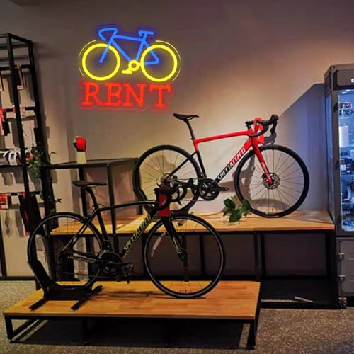 Image of Bicycle Rental Neon Sign for Wall Decor, Dimmable Bike Rental Shop Store Office illuminated Display LED Light, Red and Yellow Neon Lights for Bicycle Shop (Red)