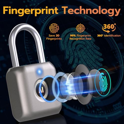 Image of Pothunder Fingerprint Smart Padlock Lock, Biometric Metal Keyless Thumbprint Lock, Waterproof, USB Rechargeable, for Gym Locker, School Locker, Luggage, Backpack, Suitcase(Gray)
