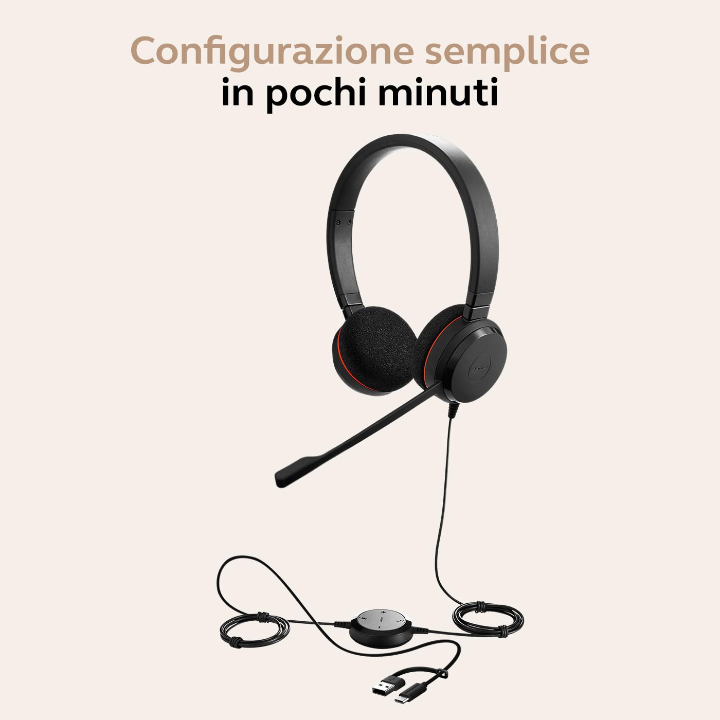 Jabra Evolve 20 - Cuffie stereo certificate Microsoft per softphone VoIP con cancellazione passiva del rumore, USB-C/A, colore nero