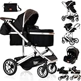 3 in 1 Baby Pram Travel System with Car Seat Lightweight Buggy Foldable Pushchair for Newborn and Toddlers up to 22kg New 2025 Style (Black - Silver)