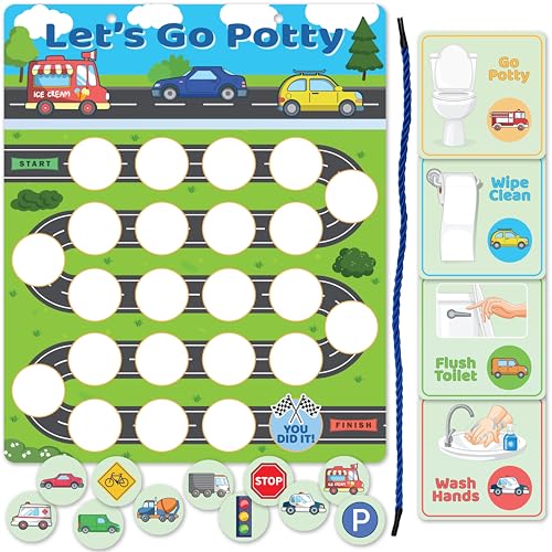 Image of Bright Seed Reusable Magnetic Cars & Trucks Potty Training Chart, Potty Training for Boys, Potty Training Sticker Chart, Potty Training Rewards for Boys, 12x10 Inches Magnetic Chart with 28 Chips