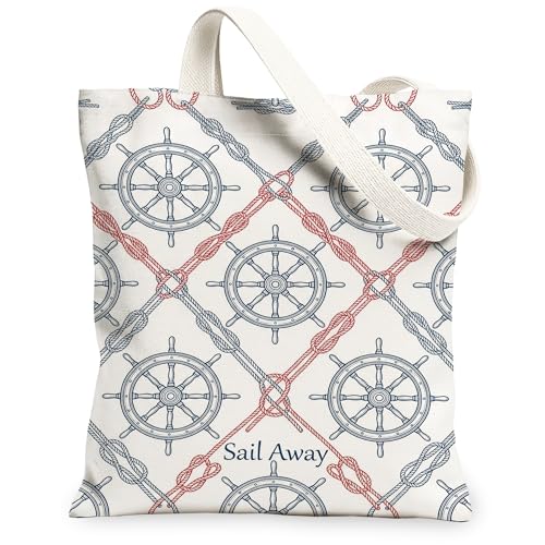 Wheel Canvas Tote Bag for Women, Nautical Vintage Rope Knot Summer Navy Washable Reusable Aesthetic Tote Bags Ideas for Travel Work Shopping Bookstore 13x15 Inch