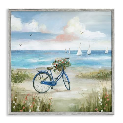 Peaceful Bicycle Flower Basket Ocean, 24 x 24 Inch Framed Giclée Print