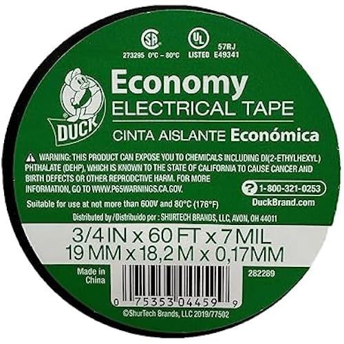 Duck Brand Economy Electrical Tape, 3/4-Inch by 60 Feet, Single Roll, Black (282289)