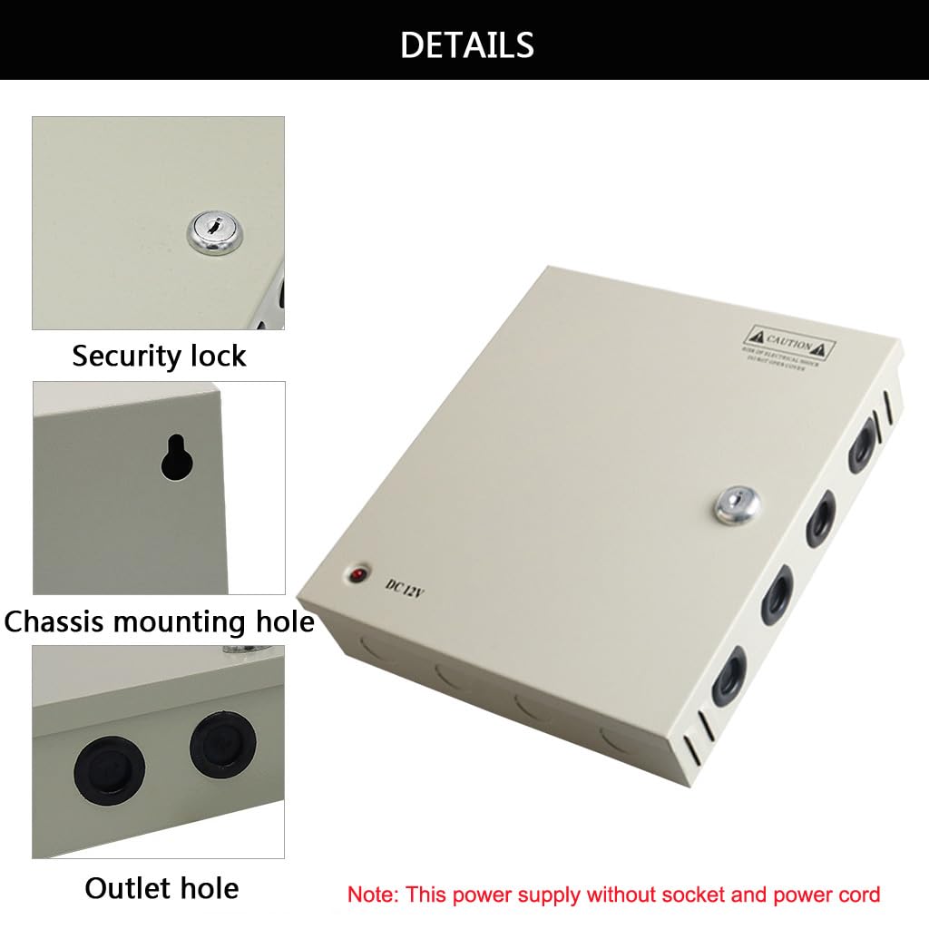 Alimentation 12V 5A 9 Canaux, 60W Boîtier d'alimentation CCTV, Alimentation Stabilisée pour Caméra de Surveillance/Boîte Lumineuse/Équipements Industriels, Boîtier Métallique Verrouillé