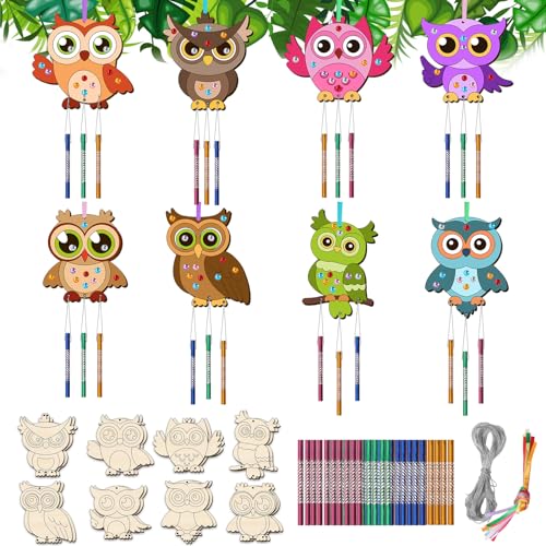 16 Pack Wind Chime Kits for Kids, Make Your Own Owl Wind Chime DIY Coloring Paint Owl Wooden Arts and Crafts Birthday Gifts for Girls Boys Christmas Ornament Crafts