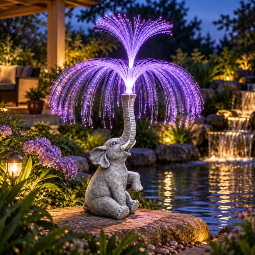Image of Feindariq Elephant Garden Ornament,7 Colour Garden Fountain Statue with Solar Lanterns,IP65 Waterproof Outdoor Garden Fountain Decoratio for Garden,Yard,Patio,Lawn,Gift for Family and Friends
