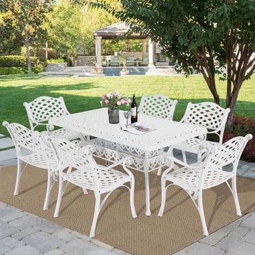 Image of MEETWARM 7 piece Outdoor Patio Dining Set for 6 Seater Dining Table Set, All-Weather Cast Aluminum Patio Conversation Set for Garden with 6 Chairs, 1 Rectangular Table, 2 inch Umbrella Hole, White
