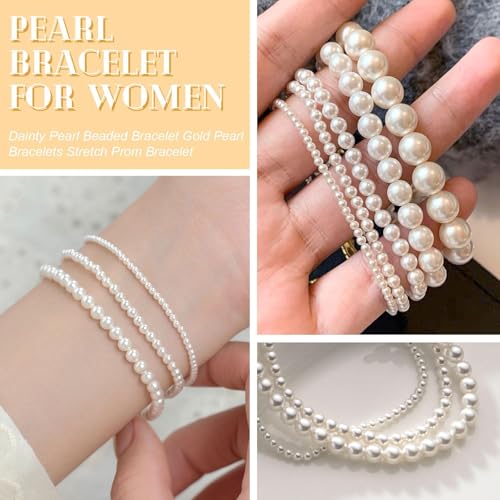 Pearl Bracelets for Women Dainty Gold White Beaded Stretch Bracelet Stack Wedding Dress Prom Jewelry for Bride Bridesmaid4