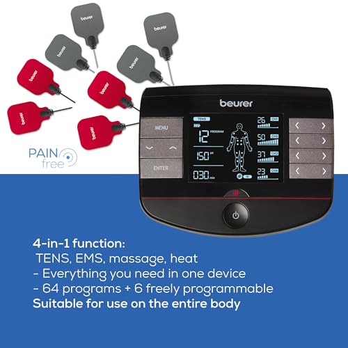 Image of Beurer EM89 Digital TENS /EMS Device with Heat Function, 4-in-1 Function for Pain Therapy, Muscle Stimulation, Massage and Heat Therapy, 4 Separately Adjustable Channels, 8 electrodes & Battery