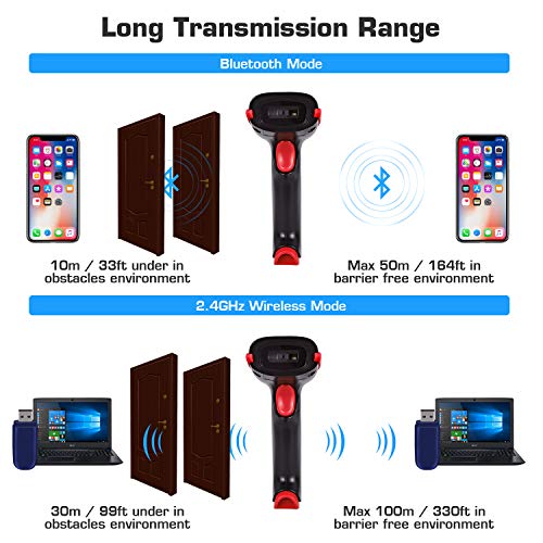 WoneNice Wireless 2D Barcode Scanner, Compatible with Bluetooth & 2.4GHz Wireless & Wired, Support Scan PDF417, QR and datamatrix Code for Computer, Tablet, iPhone, iPad, Android