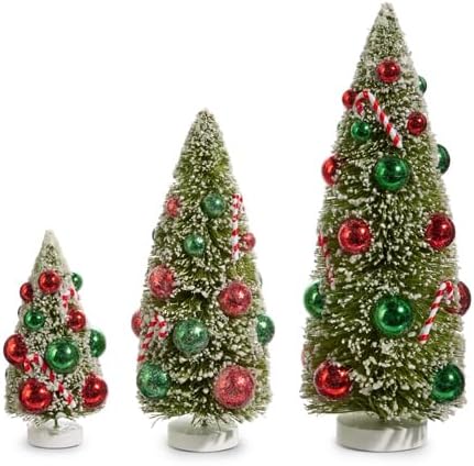 Raz Imports Snowy Bottle Brush Trees with Ornaments, Set of 3, 12-inch Height, Christmas Holiday Decor