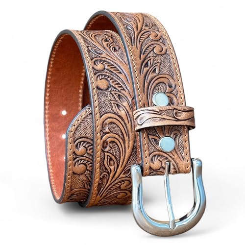 DANIEL'S ARTPLANET Western Leather Belt for Men Full Grain One Piece Leather Belt with Buckle Handmade Engraved Tooled 1.5”