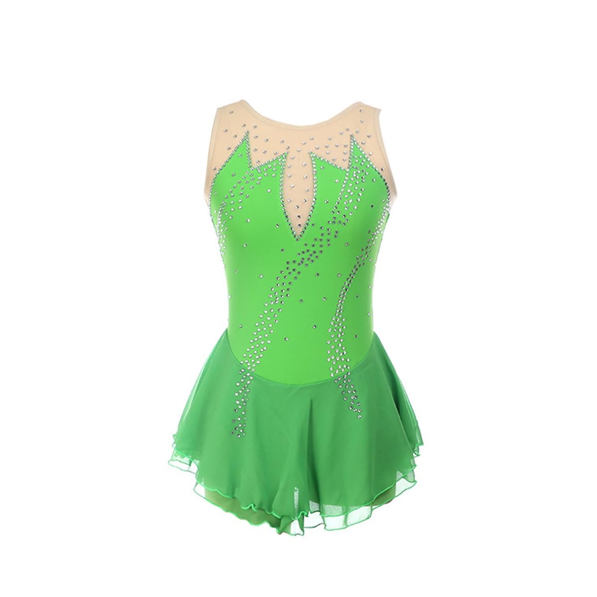 Vestido Patinaje Artístico De Sin Mangas para Mujer con Pedrería Coloridos Maillot Falda Ballet para Fiesta Actuación(Green,Large)