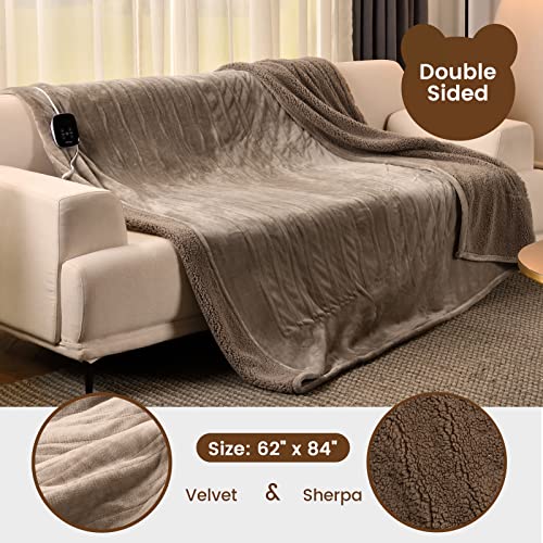 Image of Bearhug Electric Blanket Twin Size, 90F-108F Fast Heating Throw with 10 Heat Levels & 1-12H Auto Shut-Off, Machine Washable Soft Velvet and Sherpa Heated Blanket for Bed or Couch, Taupe