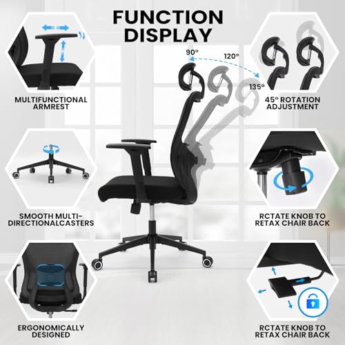 Image of Monhey Black Office Chair, Ergonomic Office Chair, Home Office Desk Chair for Big and Tall People, Computer Chair with Adjustable Headrest, Lumbar Support, Flip-Up Arms, PU Wheels (03black)