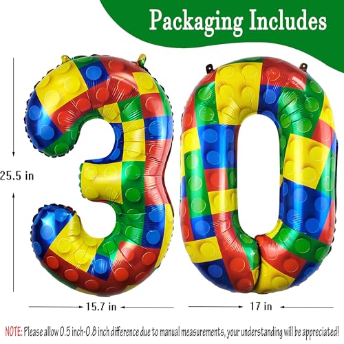 Image of 32 Inch Building Block Number 30 Balloons birthday Block Themed Large Big Helium Foil Mylar Balloon for Girls Boys Birthday Party Decoration Supplies