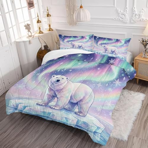 Image of Polar Bear Comforter Set King Size, Wild Animal Bedding Set for Kid Teen Boy Girl Adult, Northern Lights and Snowflake Print, Bedroom Decor 1 Comforter 2 Pillowcases