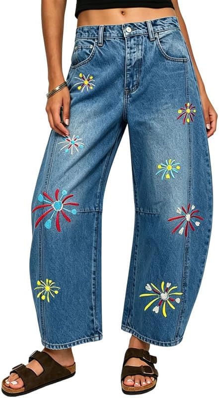 CHARTOU Boyfriend Barrel Jeans Women Cropped Baggy Jeans Y2k Embroidery Denim Wide Leg Pants Patchwork