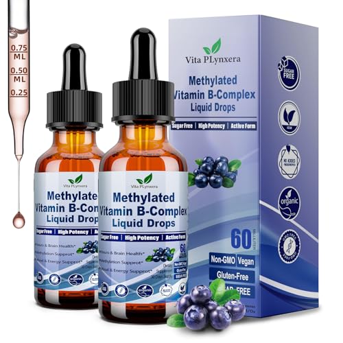 2 Pack Methylated B Complex Liquid Drops Complete 9-in-1 Methyl B Vitamins w. B12 Methylfolate Inositol Choline TMG Vitamin C E, Super B-Complex Methylated for MTHFR Support, Energy Mood Nerve Health