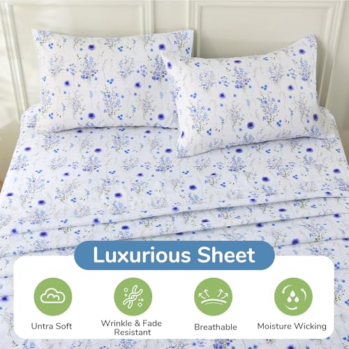 Image of MUXHOMO Full Size 4 Piece Sheet Set, Soft & Breathable Sheet Set for Bedroom with Deep Pocket Up to 16 inch, Wrinkle-Free & Cooling Bed Sheet with Flat Sheet, Fitted Sheet & Pillowcases - Indigo Mystical