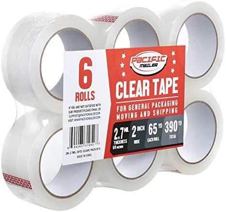 Pacific Mailer Clear Packing Tape, Heavy Duty Packaging Carton Tape for Shipping Packaing Moving Sealing, 2 Inch Wide, 2.7mil Thickness, 65 Yards Per Roll [Pack of 6]