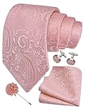 GUSLESON Mens Rose Gold Tie Paisley Wedding Solid Silk Necktie Pocket Square Cufflinks and Lapel Pin Brooch Set (6103-14)