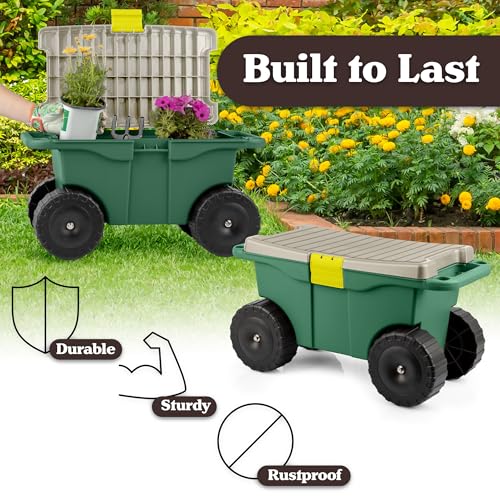 image for Rolling Garden Cart with Seat - Plastic Storage with Bench and Interio