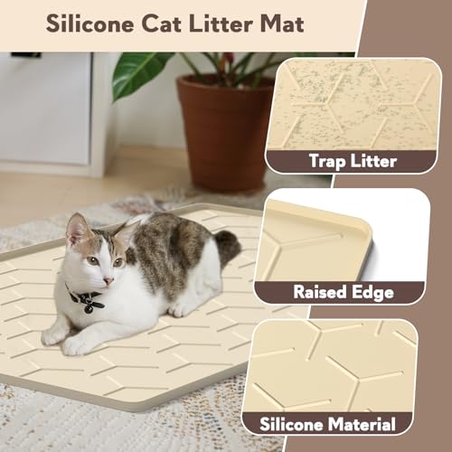 Image of Garoopion Silicone Cat Litter Mat Large 40 inch X 28 inch, Easy to Clean, Beige | Large Size Waterproof Silicone Mat with Raised Edges, Catch Litter, Protect Floor from Urine, Multi-Use for Dog /Sink /Kitchen