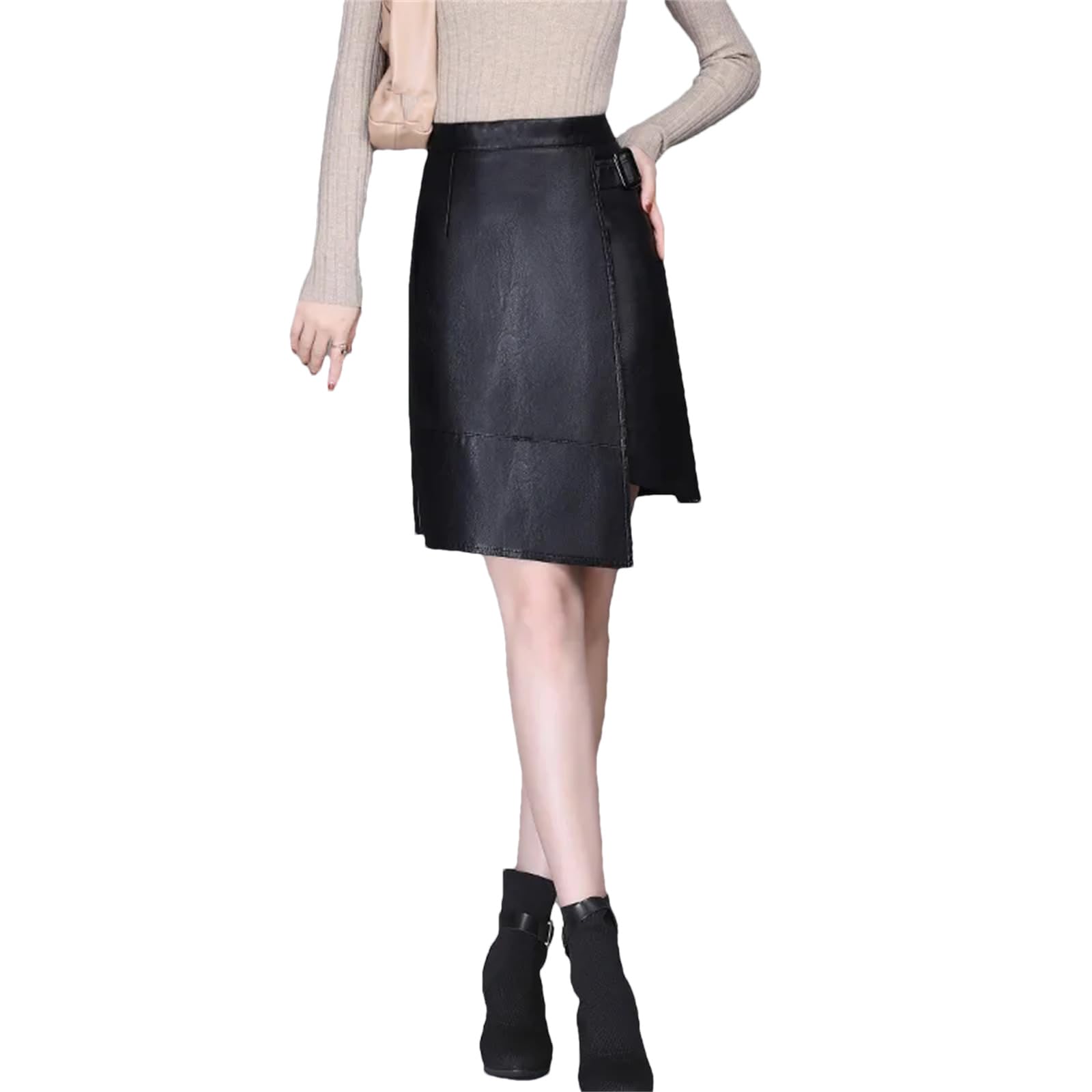 Falda corta asimétrica de piel sintética para mujer, falda sexy hasta la rodilla, falda de invierno para mujer
