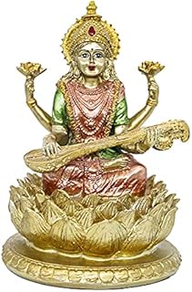 Hindu Goddess Lord Saraswati Statue - 6.3"H Indian Idol Saraswati Sitting on Lotus Sculpture India God Figurine Home Mandir Temple Altar Yoga Decor Diwali Pooja Gifts