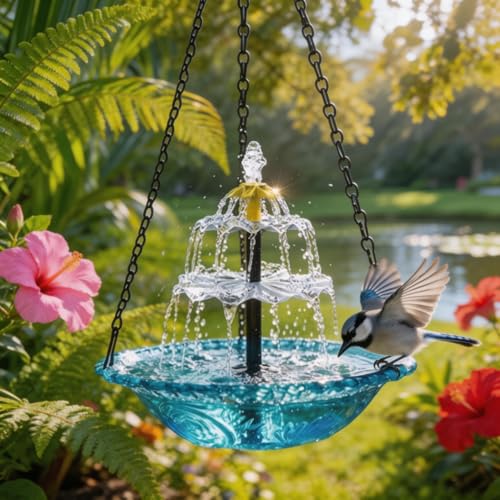 2026 New Solar Cascade Hanging Bird Bath Fountain Outdoor Bowl Bird Bath with Solar Pump Large Hanging Fountain for Hummingbirds Gardens Patio & Backyard (Blue)