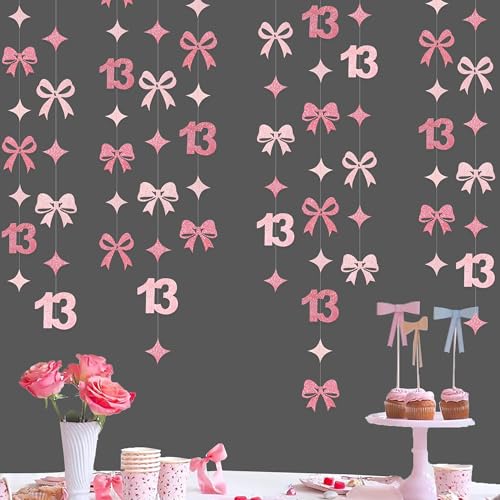 Image of Glitter Pink 13th Bow Birthday Decorations Hot Pink Conquette Bow Garland Streamer Banner Backdrop for Girls Happy 13th Birthday Official Teenager Cheers to 13 Years Old Anniversary Party Supplies