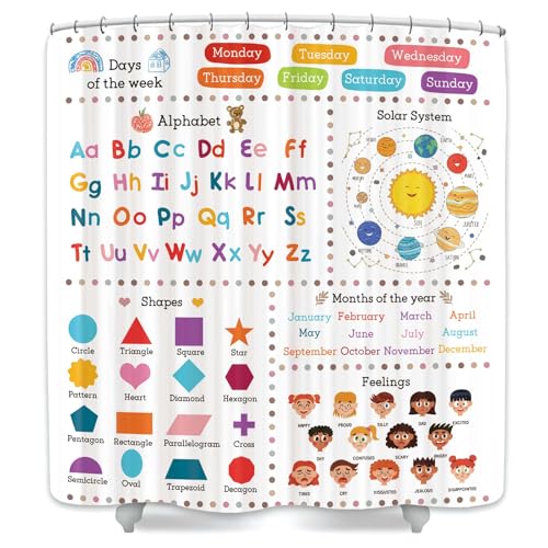 Image of Kids Educational Shower Curtain ABC Alphabet Cartoon Solar System Shapes Cute Knowledge Bathroom Curtain Set for Todders Nursery Shower Curtain Fabric Baby Bathroom Accessories Decor with 12 Hooks