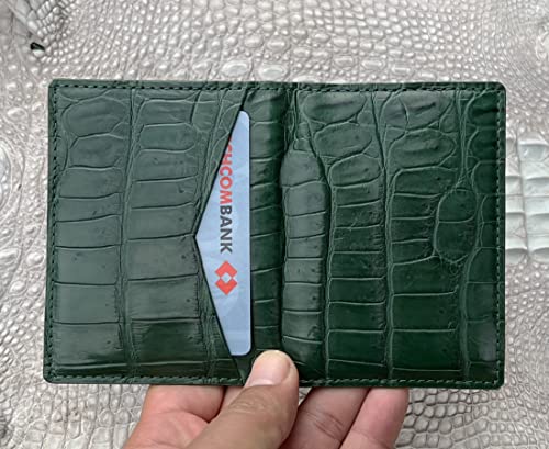 Green Alligator Leather Slim Minimalist Wallet Men Crocodile Double Side Bifold Vertical Credit Card Holder Premium RFID Blocking Handmade Vietnamese Green-CARD-143