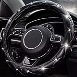 Xizopucy Diamond Leather Bling Steering Wheel Cover, Universal Car Steering Wheel Protector with Crystal Rhinestones Anti-Slip Soft Interior Accessories for Women and Girl Fit 15 inch -Black