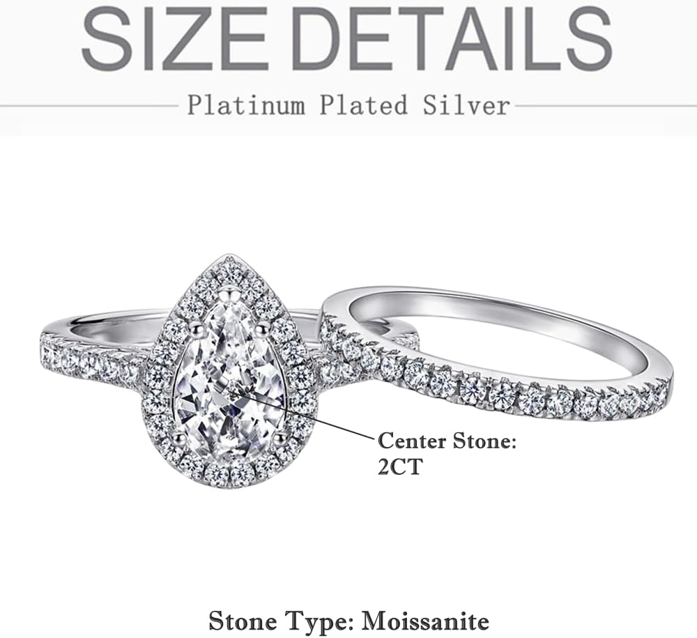 Pear Shaped Wedding Ring Set for Women Platinum Plated Silver 2 Carat Center Moissanite Bridal Sets Wedding Ring Teardrop Engagement Ring Set