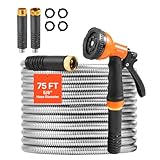 VEVOR Garden Hose Metal 75 ft, Rust Proof Stainless Steel Water Hose, Heavy Duty Backyard Hose with 10 Function Nozzle, No-Kink & Flexible Water Pipe, Lightweight Metal Hose for Yard, Outdoor