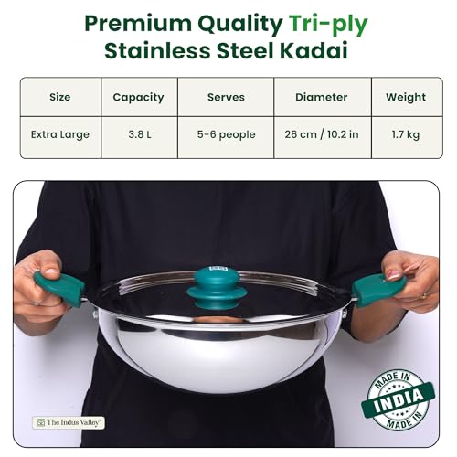Image of The Indus Valley Triply Stainless Steel Wok Kadai /Kadhai with Steel Lid | Induction Friendly | Nonstick 3-Layer Body, 100% Toxin-Free, No Chemical Coating (Large - 26cm - 3.8Ltr)