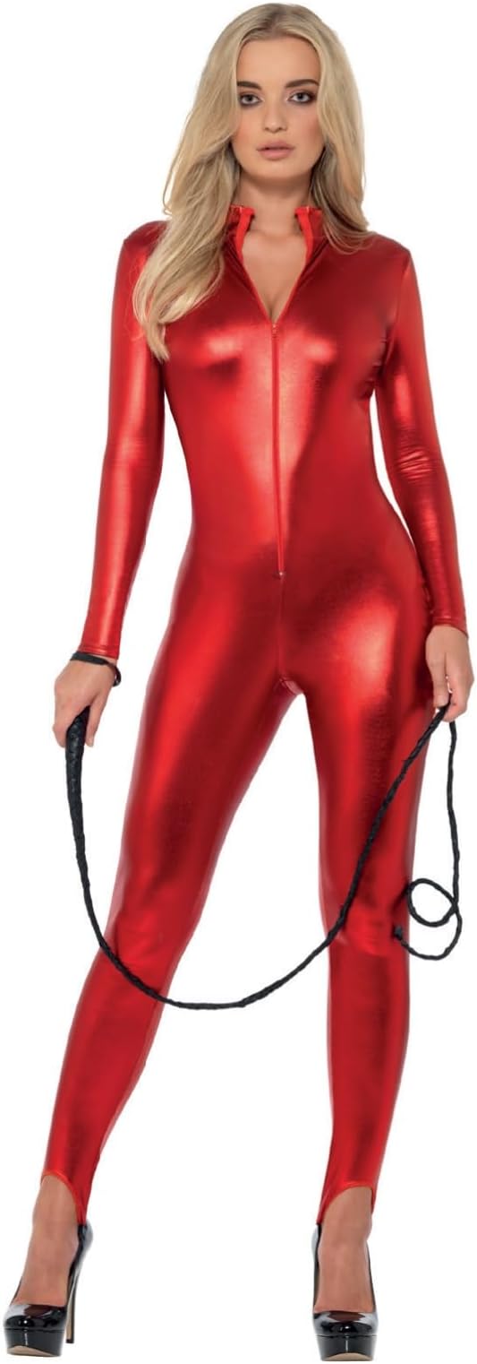 Smiffys Fever Miss Whiplash Costume, Red with Zip Up Catsuit, Fever Fancy Dress, Superhero Dress Up Costumes