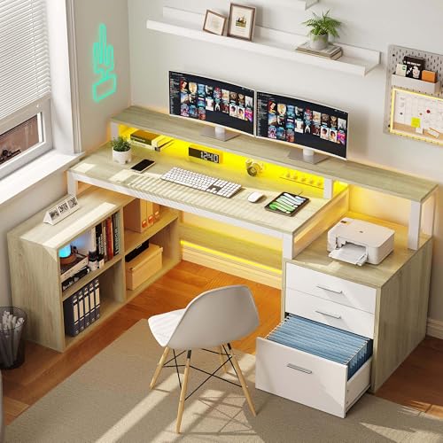 Image of DWVO L Shaped Desk with Drawers, 65 inch Computer Desk with Power Outlets & LED Lights, Corner Home Office Desk with Storage Shelves & Printer Stand, White & Oak