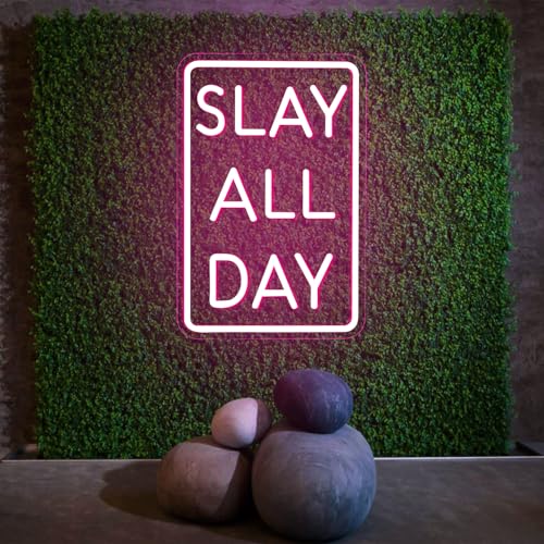 Image of Slay All Day Neon Sign Dimmable Neon Signs for Wall Decor Pink LED Signs USB Light Up Sign Room Decor for Teen Girl Preppy Bedroom Living Room Y2K Coquette Cool Downtown Teenage Girl Room Decoration