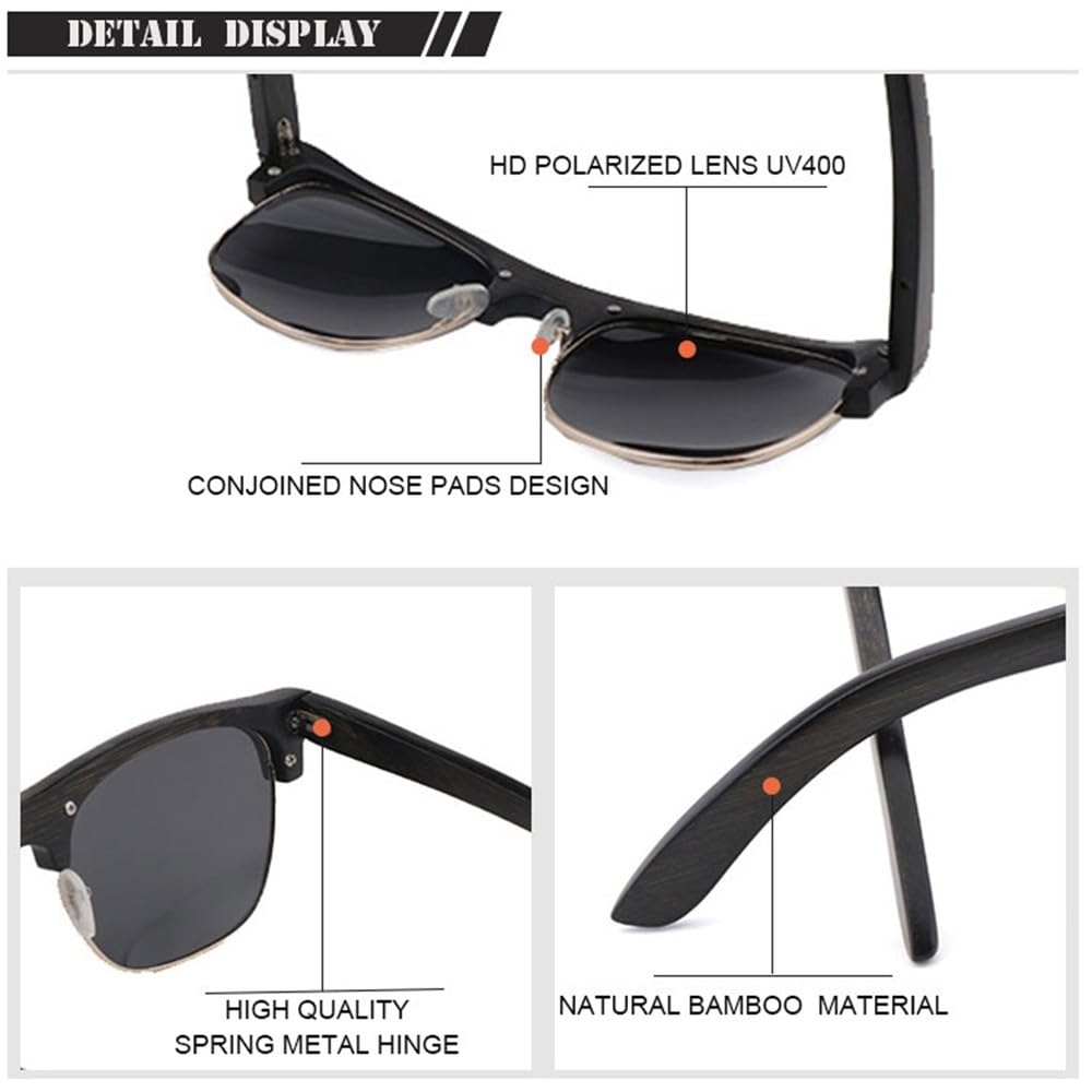 Gafas de sol retro de media montura de bambú para hombre, clásicas, polarizadas, con protección UV 400.