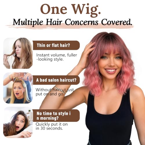 Image of Nnzes Pink Wig with Bangs for Women Short Bob Wavy Charming Synthetic Wigs with Natural Shoulder Length Curly Heat Resistant Fiber Hair for Daily Party Use