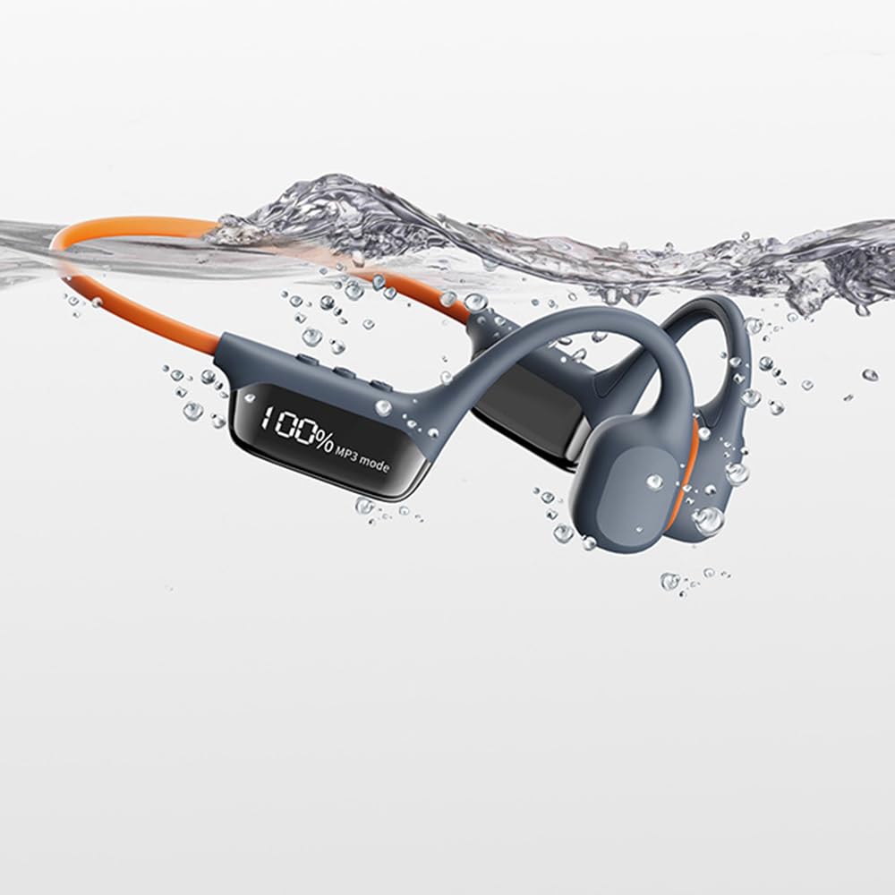 AYI True Bone Conduction Swimming Headphones with Bluetooth 5.4 &amp; MP3 Player Mode 32GB Built-in Memory IPX8 Waterproof Screen Display Pain-Free Open-Ear Earphone for Sport and Work-Light Gray